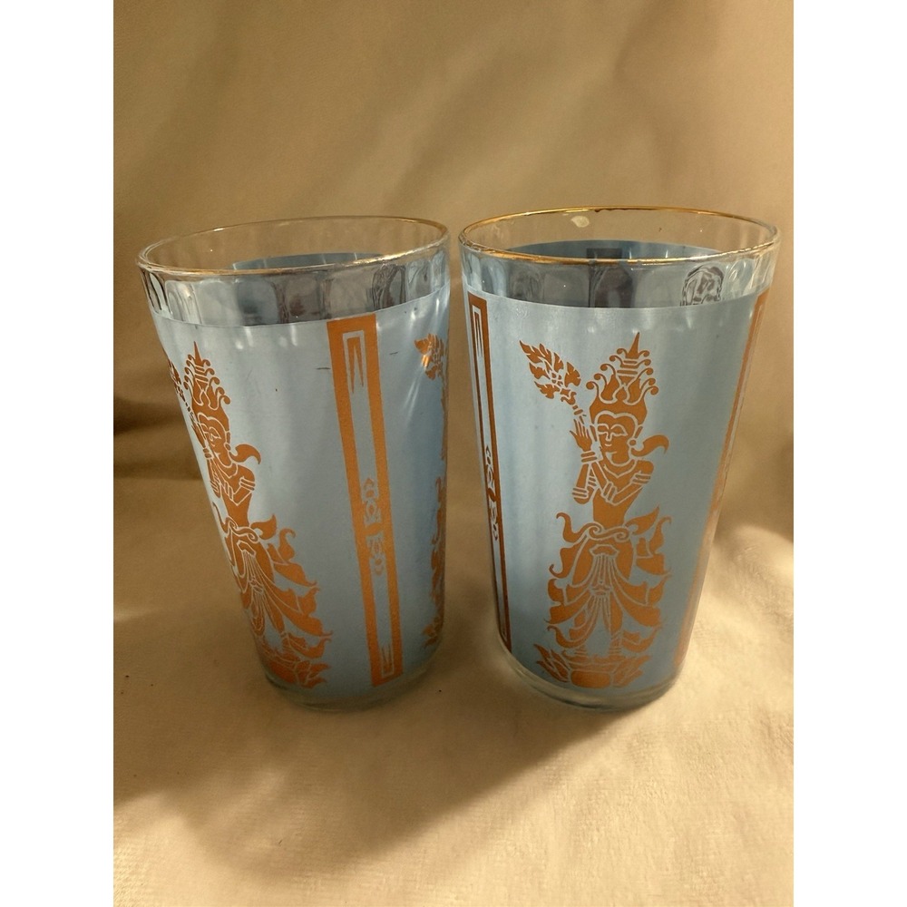 Culver Thai Goddess Blue Gold Highball Glasses Set of 2 Vintage MCM 5"